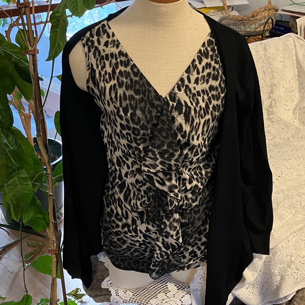 Animal Print Sleeveless Top with Black Cardigan